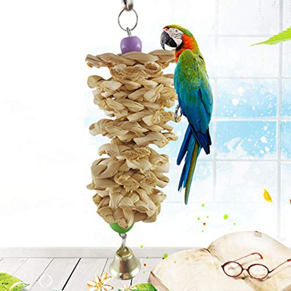 Natural Grass Bird Parrot Toy With Bell - Interactive Hanging Cage Toy For Bored Parrots